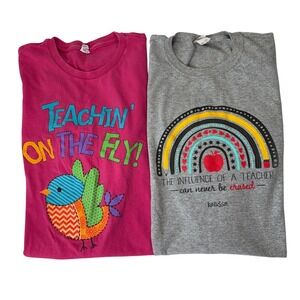 Lot 2 Teacher Graphic T-Shirts Kerusso Pink Gray Delta Fruit of the Loom 2XL